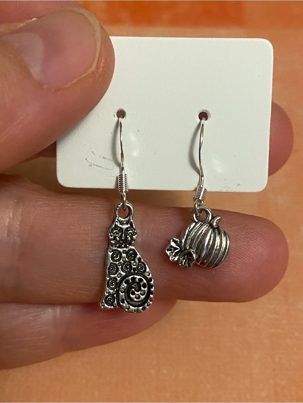Silver Cat and Pumpkin Dangle Earrings - Unbranded